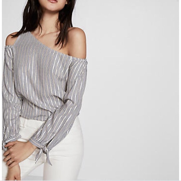 Express Tops - Express Striped Metallic One Shoulder Top